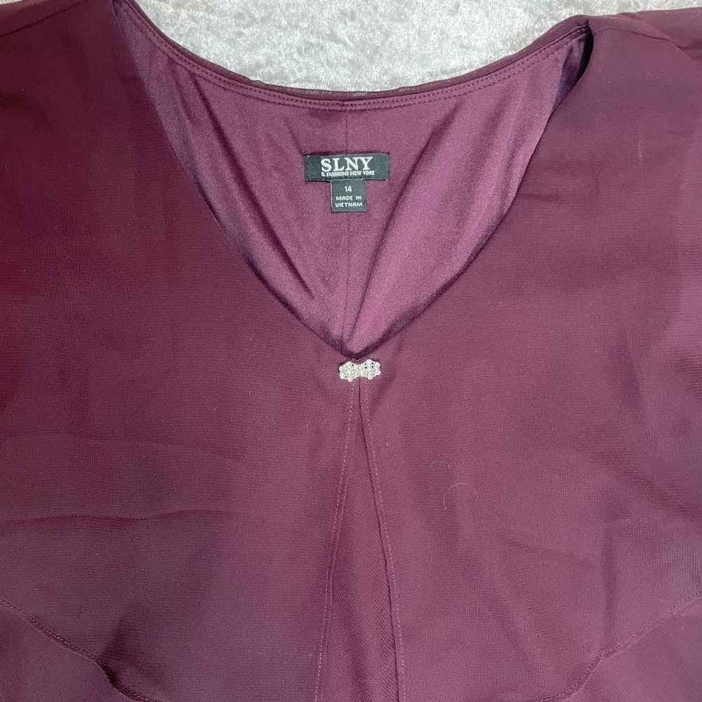 SLNY Tiered Chiffon Dress Women 14 Plum New Rhinestone V-Neck - Picture 1 of 6